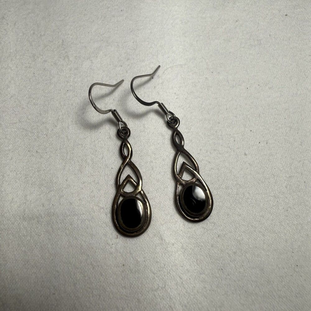Vintage 925 Sterling Silver Onyx Celtic Knot Dangle Drop Earrings